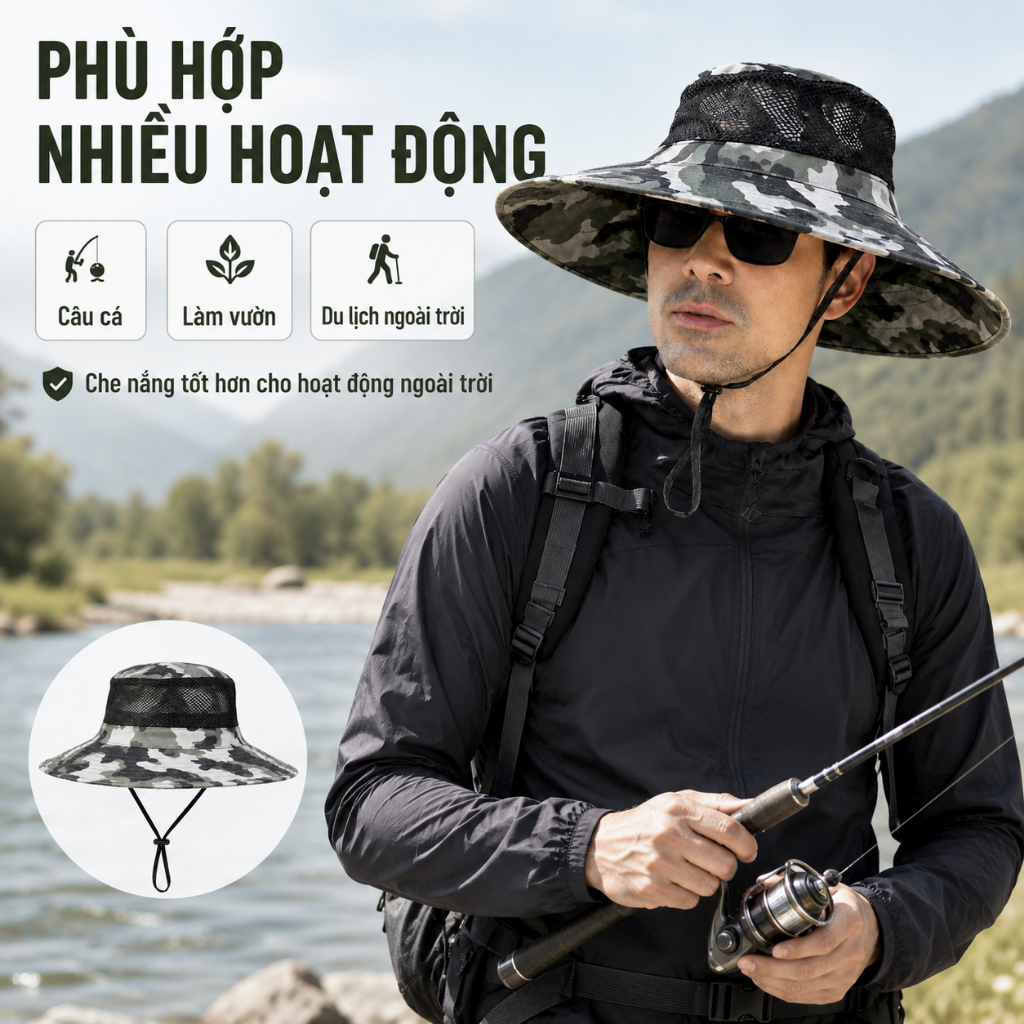 Nón Tai Bèo Nam Vành Rộng Rằn Ri｜Lưới Thoáng Khí Có Dây Đeo｜Dùng Đi Câu Cá, Làm Vườn, Ngoài Trời