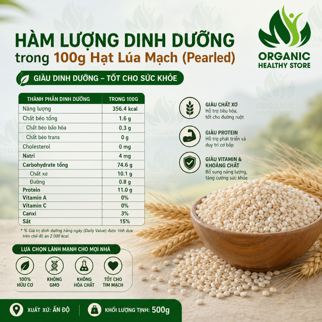 Hạt lúa mạch ngọc trai hữu cơ Markal/ Just Organik 500g