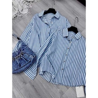 Áo sơ mi nữ sọc xanh trắng form rộng tay dài, áo sơ mi kẻ sọc dáng basic phong cách Hàn Quốc thanh lịch Yuumi HCOM3730