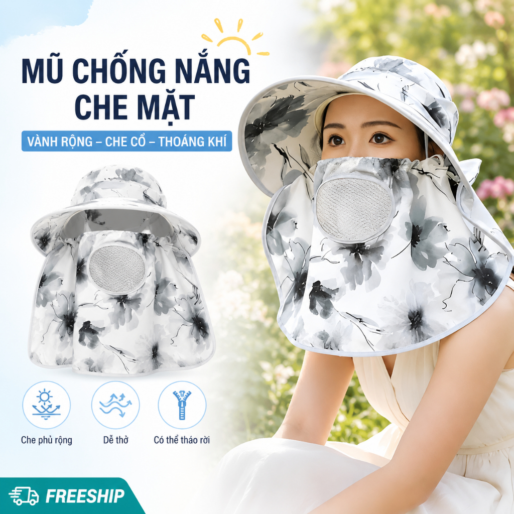 Mũ Chống Nắng Nữ Vành Rộng Che Mặt Che Cổ｜Khẩu Trang Thoáng Khí Có Thể Tháo Rời｜Đi Xe Và Ngoài Trời