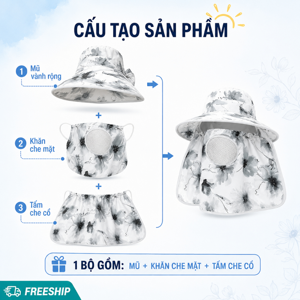 Mũ Chống Nắng Nữ Vành Rộng Che Mặt Che Cổ｜Khẩu Trang Thoáng Khí Có Thể Tháo Rời｜Đi Xe Và Ngoài Trời