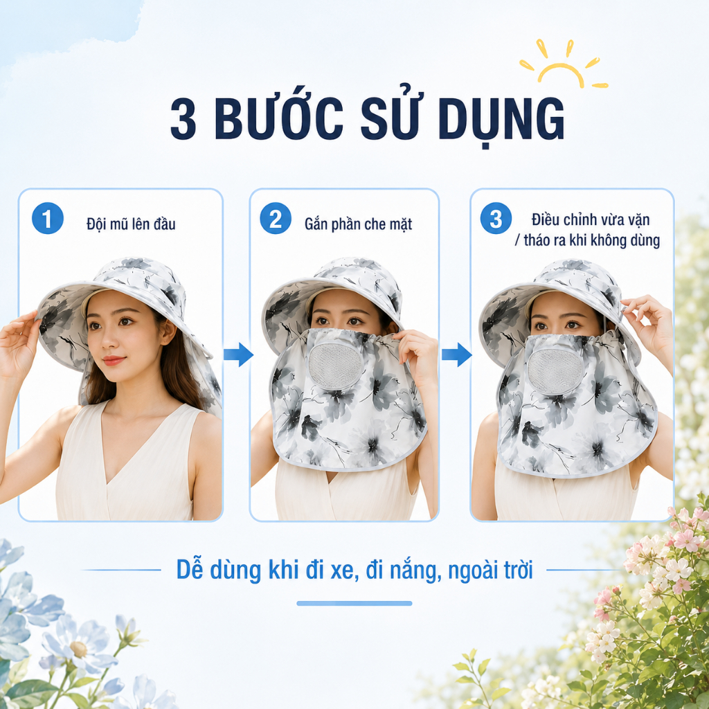 Mũ Chống Nắng Nữ Vành Rộng Che Mặt Che Cổ｜Khẩu Trang Thoáng Khí Có Thể Tháo Rời｜Đi Xe Và Ngoài Trời
