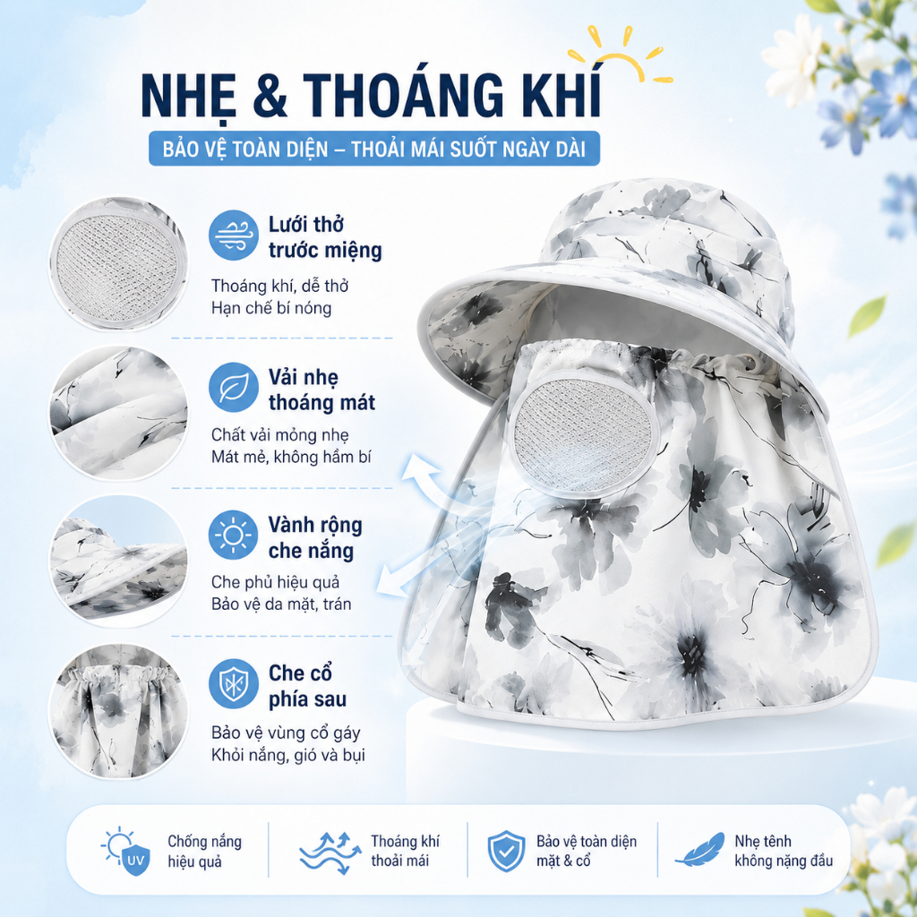 Mũ Chống Nắng Nữ Vành Rộng Che Mặt Che Cổ｜Khẩu Trang Thoáng Khí Có Thể Tháo Rời｜Đi Xe Và Ngoài Trời