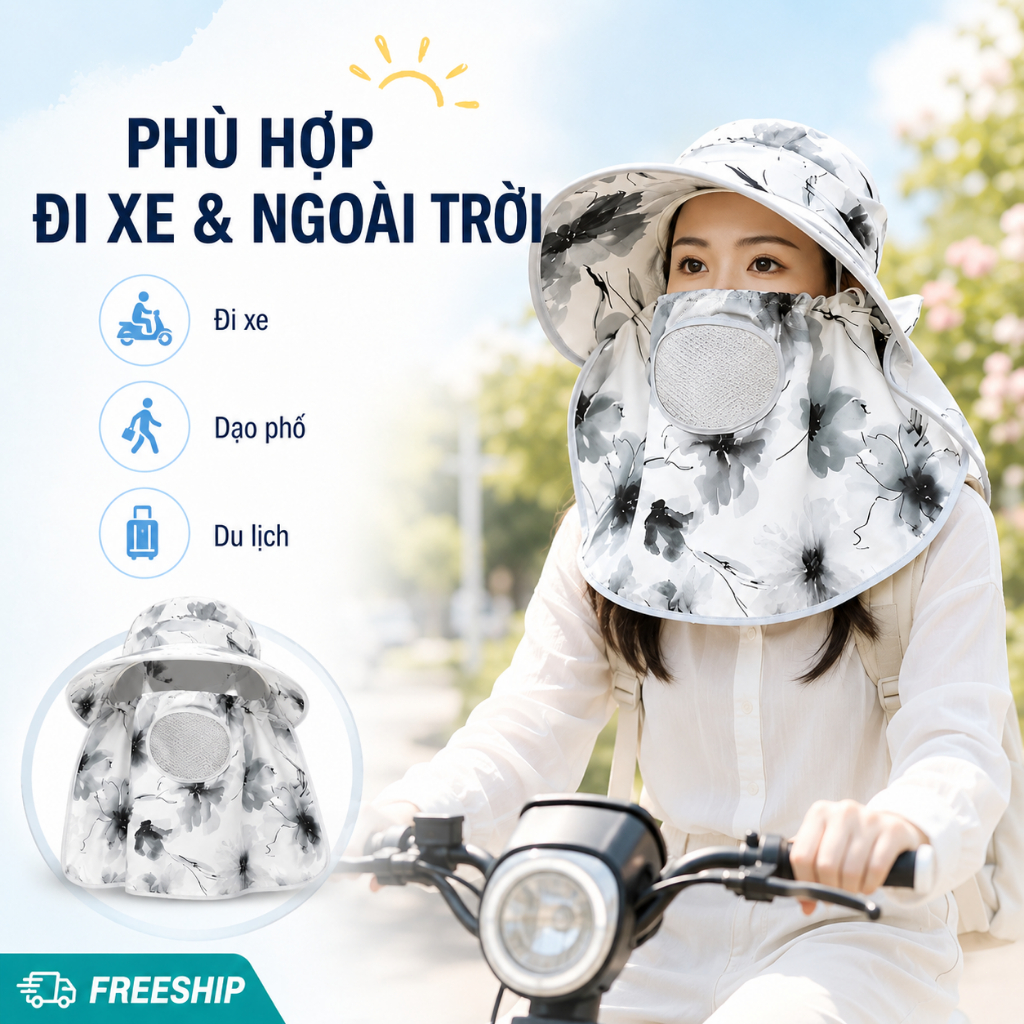 Mũ Chống Nắng Nữ Vành Rộng Che Mặt Che Cổ｜Khẩu Trang Thoáng Khí Có Thể Tháo Rời｜Đi Xe Và Ngoài Trời