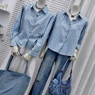 Áo sơ mi nữ sọc xanh trắng form rộng tay dài, áo sơ mi kẻ sọc dáng basic phong cách Hàn Quốc thanh lịch Yuumi HCOM3730