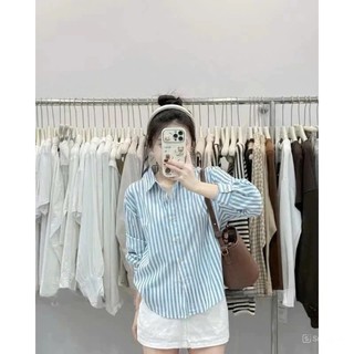 Áo sơ mi nữ sọc xanh trắng form rộng tay dài, áo sơ mi kẻ sọc dáng basic phong cách Hàn Quốc thanh lịch Yuumi HCOM3730