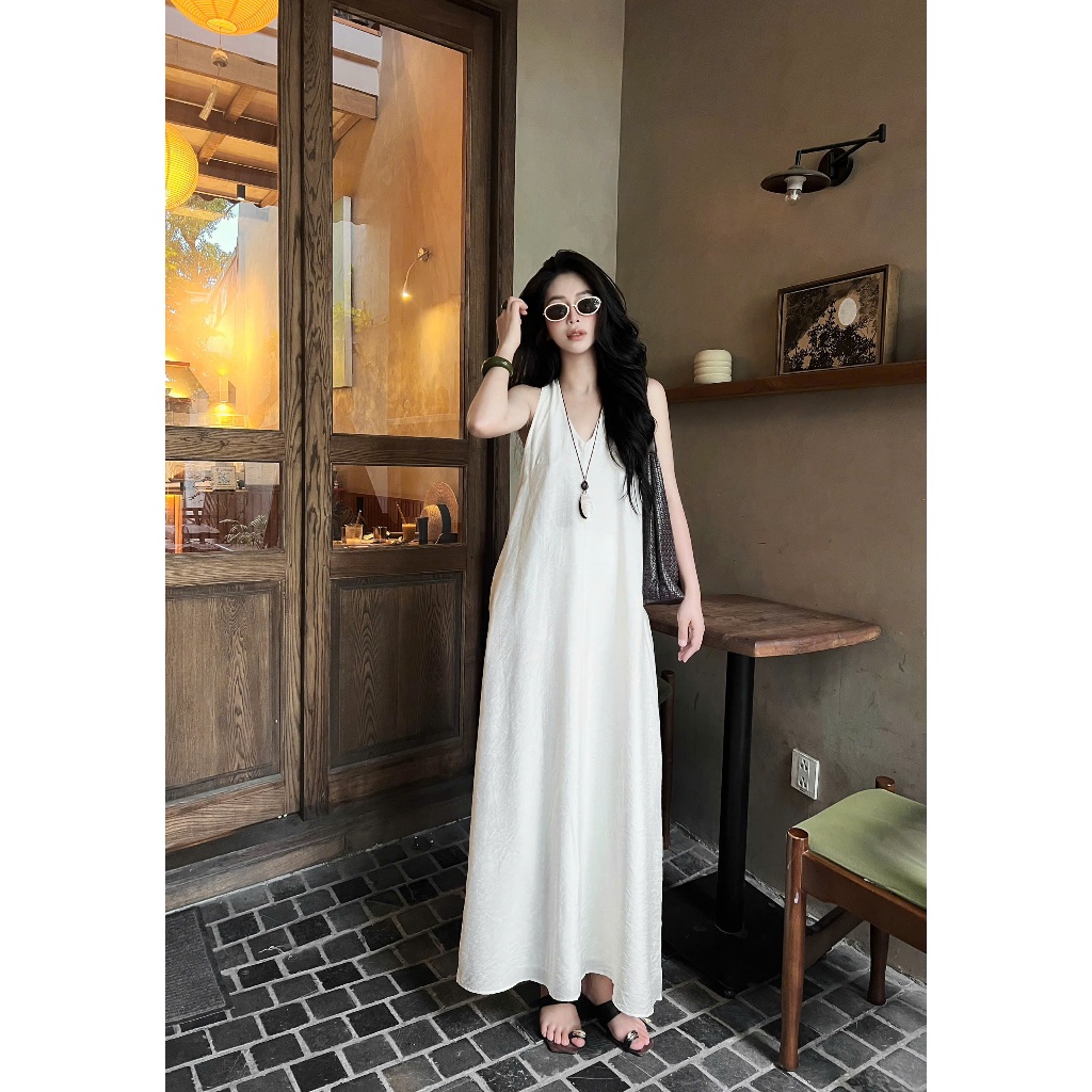 Váy Maxi Suông Rũ Cổ Tim Hai Dây Nữ Tính Form Rộng Thanh Lịch Đi Chơi Đi Biển - Đơn Giản Basic - SNC24 - SONYC