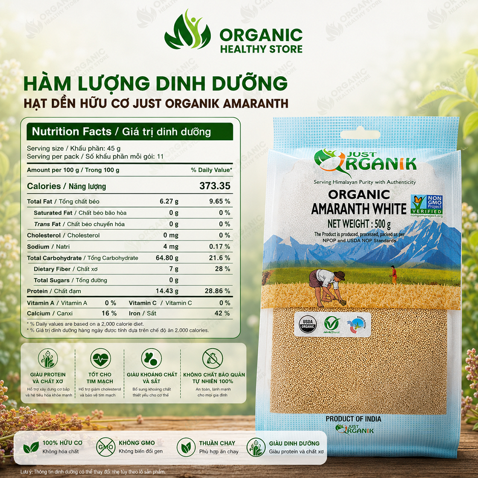 Hạt dền Amaranth hữu cơ Just Organik 500g