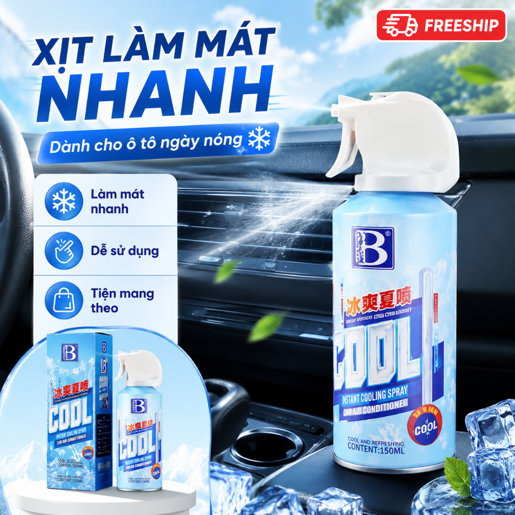 Xịt Làm Mát Nhanh Cho Ô Tô 150ml｜Phun Sương Mịn｜Dùng Cho Ghế, Vô Lăng Và Nội Thất Xe Ngày Nóng