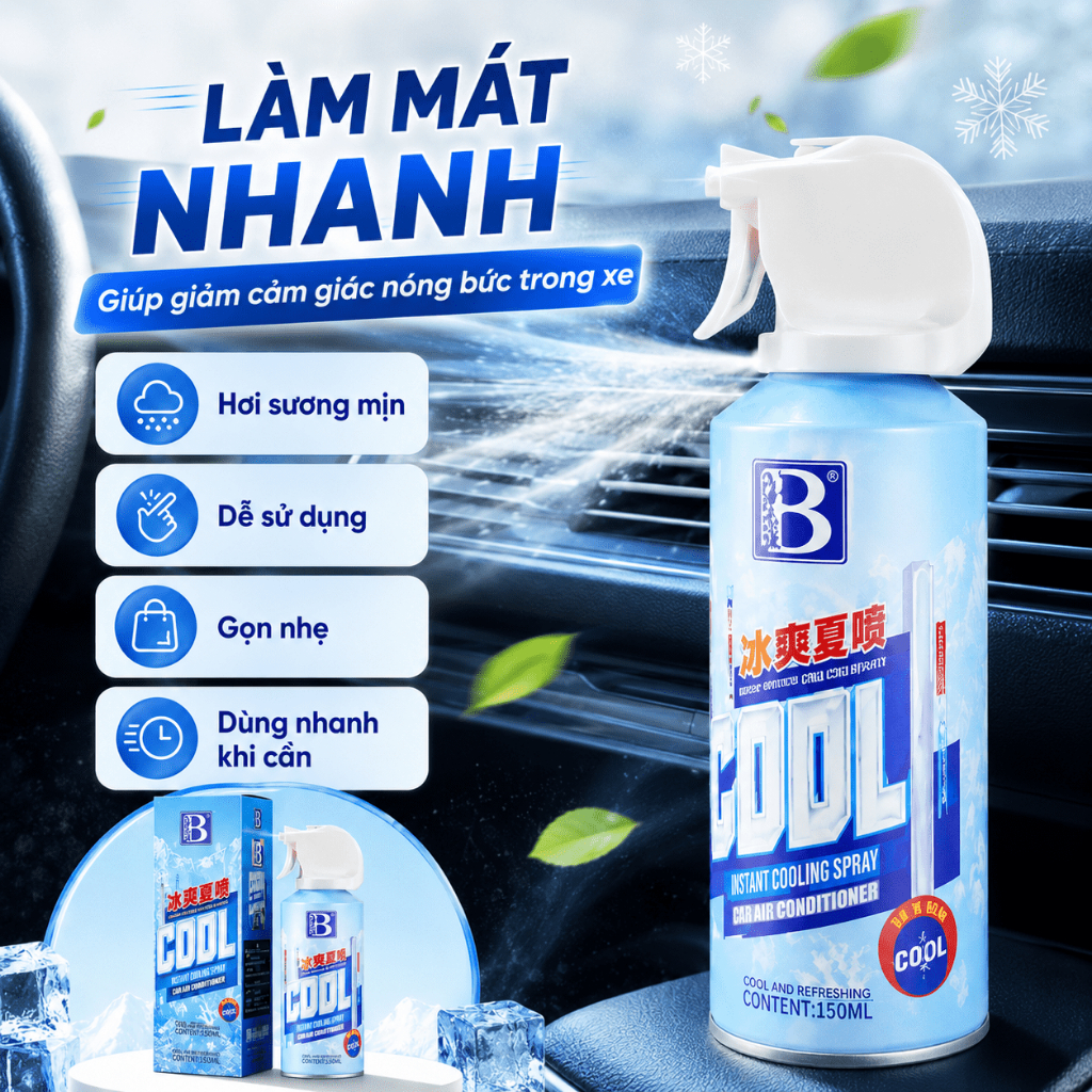 Xịt Làm Mát Nhanh Cho Ô Tô 150ml｜Phun Sương Mịn｜Dùng Cho Ghế, Vô Lăng Và Nội Thất Xe Ngày Nóng
