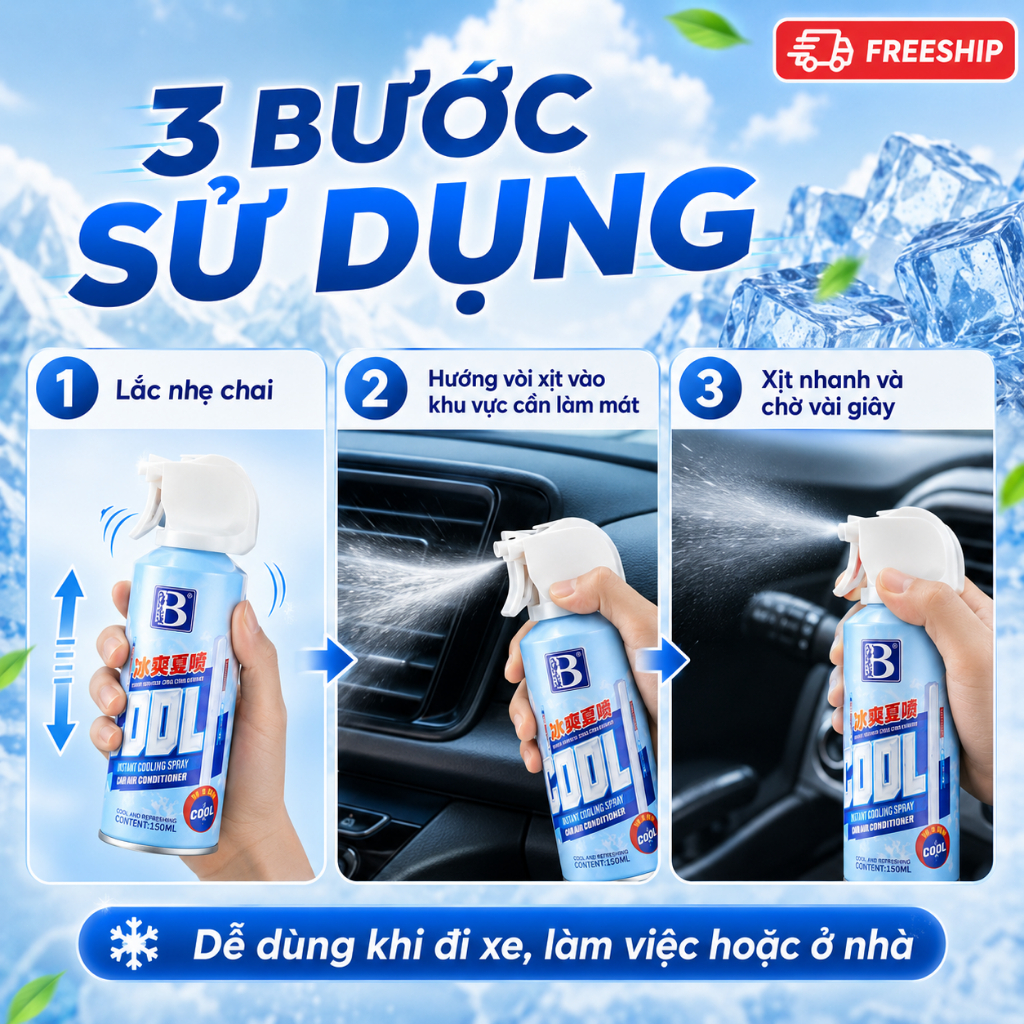 Xịt Làm Mát Nhanh Cho Ô Tô 150ml｜Phun Sương Mịn｜Dùng Cho Ghế, Vô Lăng Và Nội Thất Xe Ngày Nóng