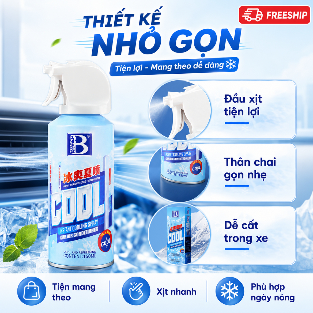 Xịt Làm Mát Nhanh Cho Ô Tô 150ml｜Phun Sương Mịn｜Dùng Cho Ghế, Vô Lăng Và Nội Thất Xe Ngày Nóng