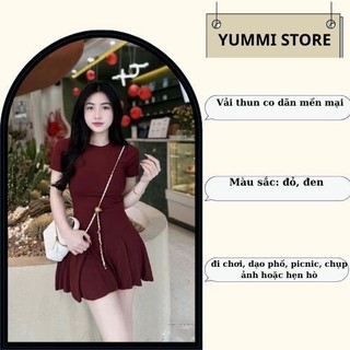 Váy midi cổ tròn tay ngắn dáng xòe cá tính, váy liền thân ôm body đuôi xếp ly thể thao năng động cá tính Yuumi HCOM25022