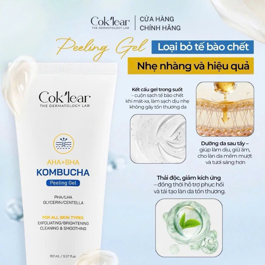 Cok'lear Kombucha tẩy da chết dịu nhẹ- Làm sạch da dịu nhẹ, an toàn & lành tính loại 150ml