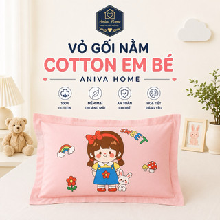 Vỏ Gối Nằm Cotton Em Bé Aniva Home Size 30x50cm | Vỏ Gối Trẻ Em 100% Cotton Mềm Mịn Thoáng Khí Có Khóa Kéo