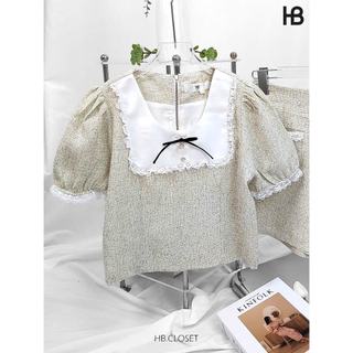 HB - Set Bộ Áo Tay Ngắn Cổ Sen Nơ Đen Cùng Quần Đùi Cạp Cao S157