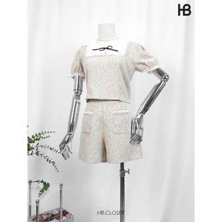 HB - Set Bộ Áo Tay Ngắn Cổ Sen Nơ Đen Cùng Quần Đùi Cạp Cao S157