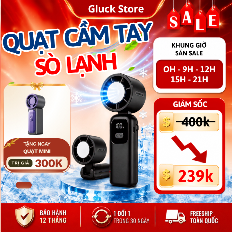 Quạt Cầm Tay Mini 100 Cấp Turbo Làm Lạnh Siêu Nhanh Gập 90° Linh Hoạt Có Dây Đeo Pin Siêu Trâu