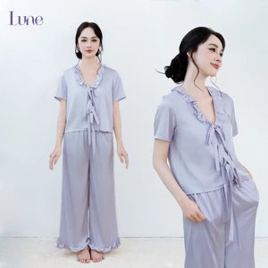 💜🤍 LUNE Éloise/ bộ ngủ quần dài dây nơ lụa cao cấp
