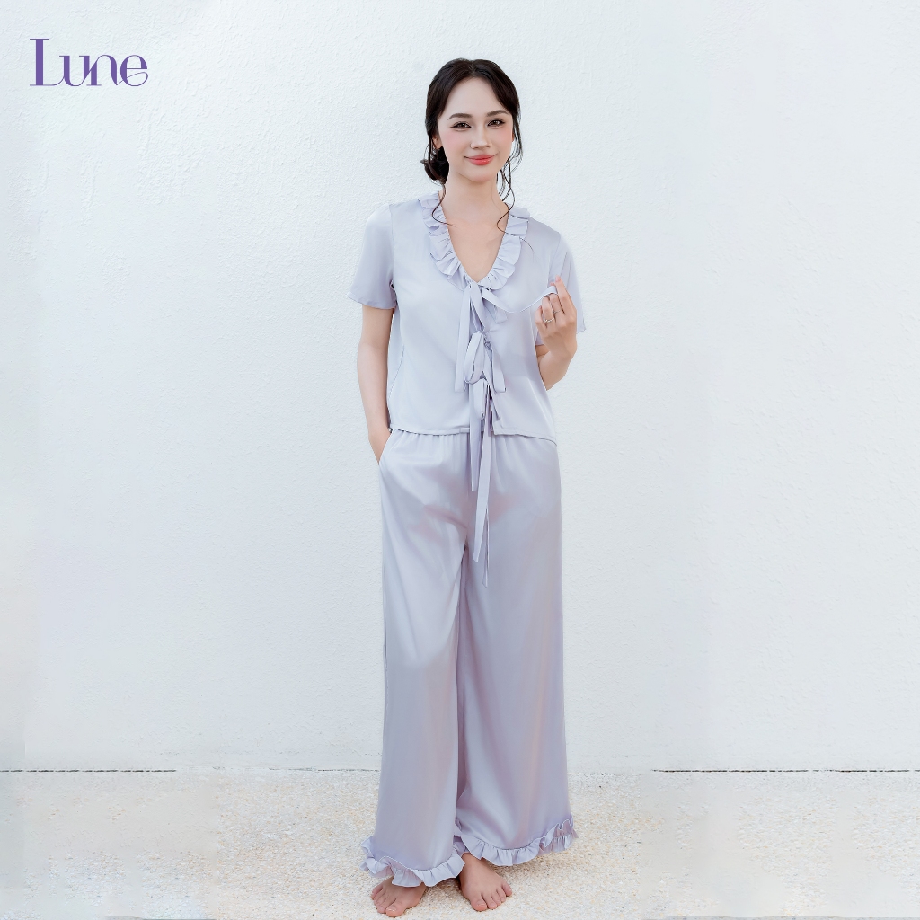 💜🤍 LUNE Éloise/ bộ ngủ quần dài dây nơ lụa cao cấp