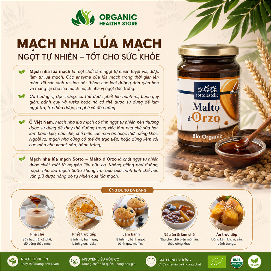 Mạch nha lúa mạch hữu cơ Sottolestelle Organic Malto 400g