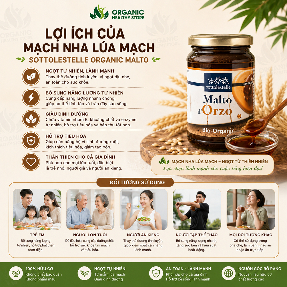 Mạch nha lúa mạch hữu cơ Sottolestelle Organic Malto 400g