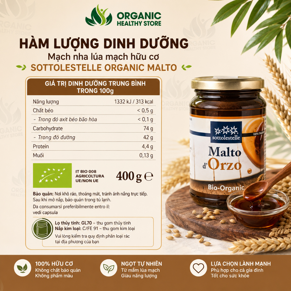 Mạch nha lúa mạch hữu cơ Sottolestelle Organic Malto 400g