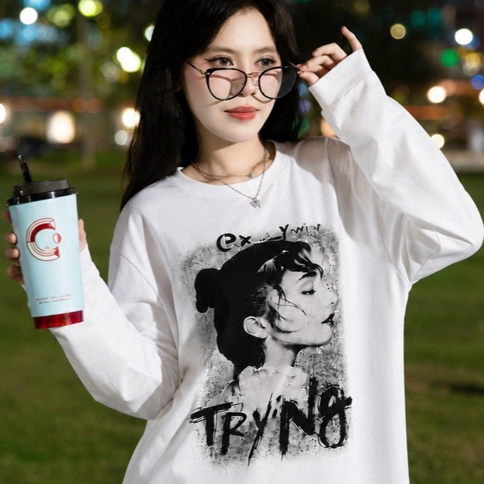 Áo Thun Tay Dài Nữ Oversize TRYING Form Rộng Unisex Chất Liệu Thun Cotton Mềm Mịn Phong Cách Hàn Quốc