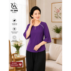 Áo Nữ Trung Niên Voan Cát Cao Cấp Form Suông Che Bụng Tay Lỡ Thanh Lịch Mềm Mát Sang Trọng Vy Anh
