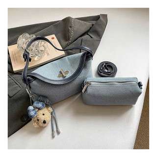 Túi Đeo Chéo Giỏ Xách Denim Kèm Charm Gấu Có Lót Túi