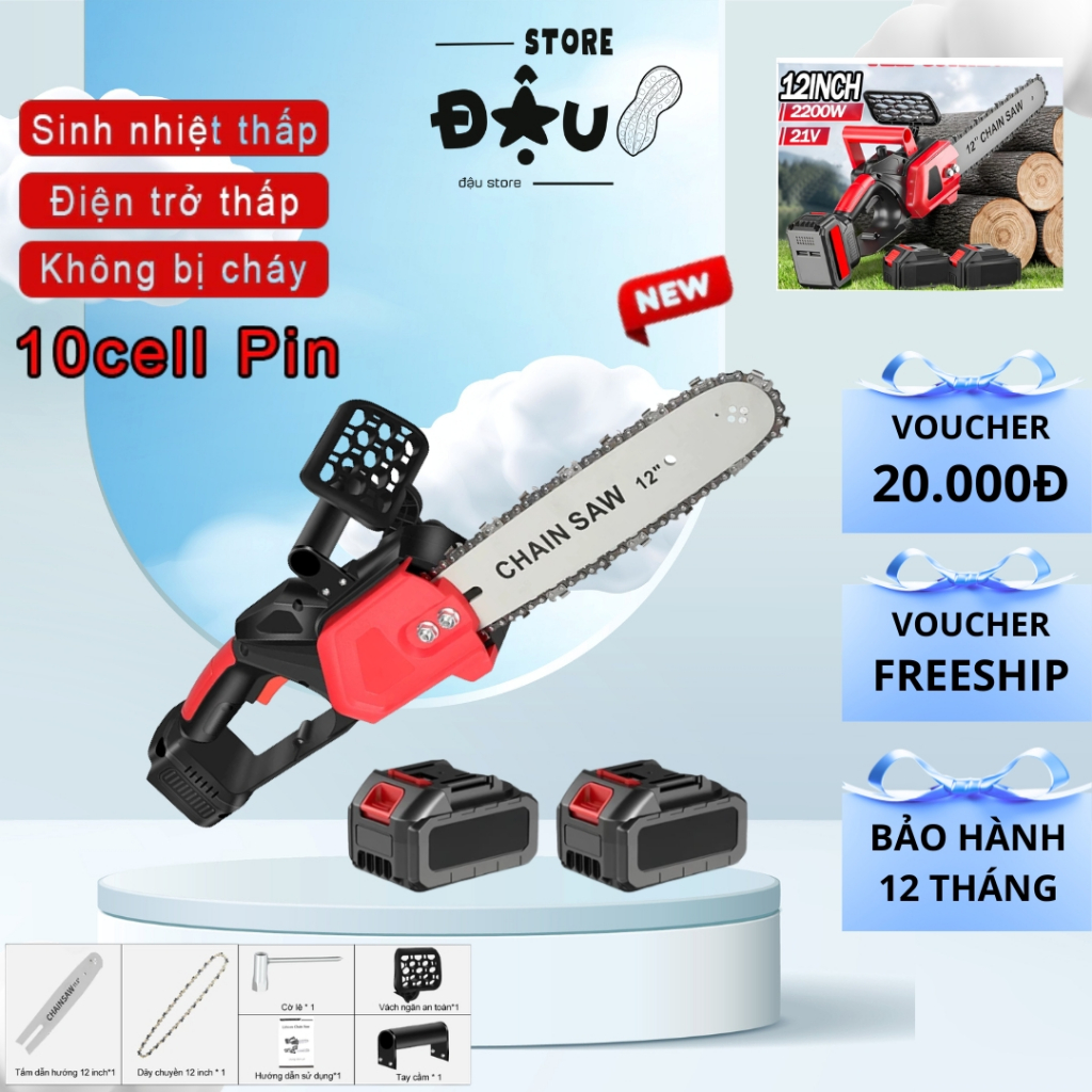 Máy cưa xích pin 12inch kmax, động cơ lõi đồng 100%, Lam dài 12 inch