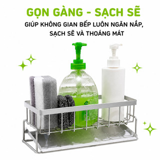 Khay Cài Rẻ Rửa Bát Inox Trắng Có Khay Hứng Nước GD149 - Giá Đựng Mút Rửa Chén Inox Không Gỉ