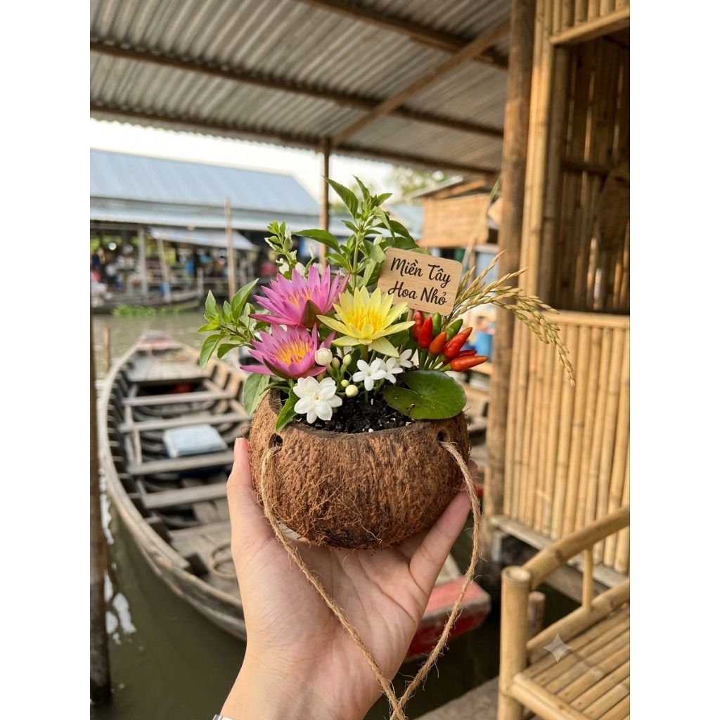 Gáo dừa thủ công thô mini - chậu hoa nhỏ, trồng cây mini, trang trí, decor
