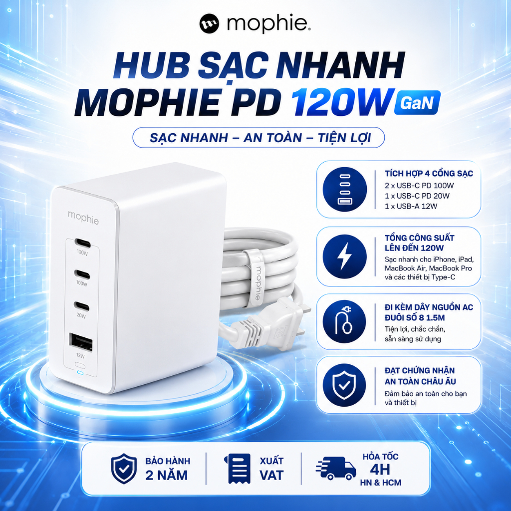 Hub Sạc Mophie Sạc Nhanh PD 120W GaN, Sạc Đa Năng, Sạc Nhiều Thiết Bị, Cổng USB A, USB C, Chính Hãng, Bảo Hành 2 Năm