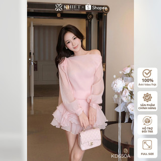 Đầm ngắn tơ nhún hồng pastel chân váy xoè bồng bềnh phong cách nữ tính KD650A