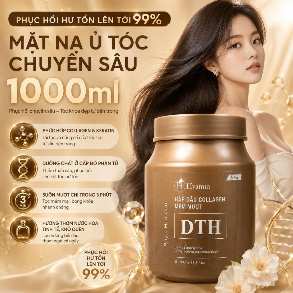[HYAMIN x KOL] Kem Ủ Tóc Phục Hồi Collagen DTH 1000ml Cho Tóc Tẩy Nhuộm Hư Tổn, Thơm Như Nước Hoa