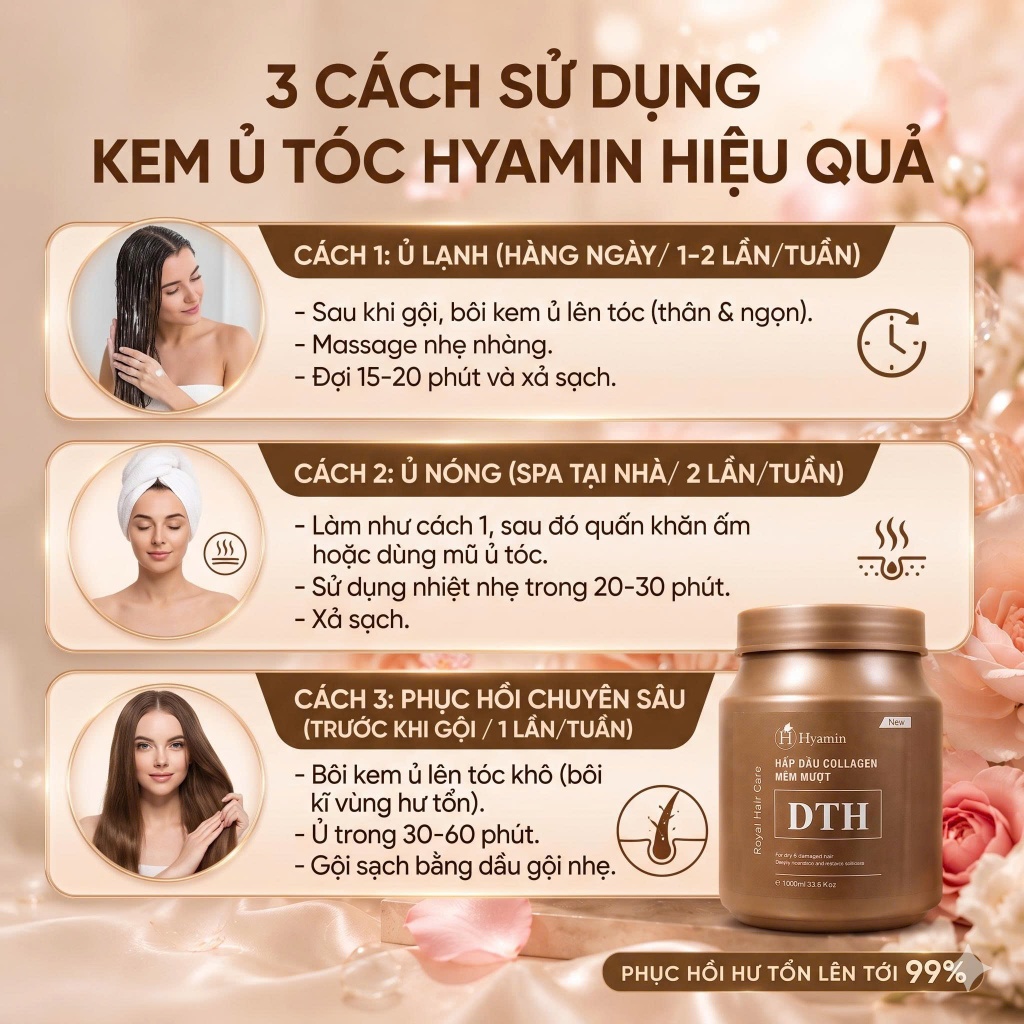 Hyamin Kem Ủ Tóc Hấp Dầu Collagen DTH 1000ml Phục Hồi Tóc Hư Tổn Khô Xơ Chẻ Ngọn Tóc Tẩy Nhuộm Uốn Duỗi Dưỡng Mềm Mượt S