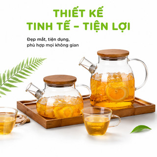 Bình Đựng Nước Thủy Tinh Nắp Gỗ Có Gioăng Cao Su GD153 - Ấm Thủy Tinh Pha Trà Có Màng Lọc Chịu Nhiệt