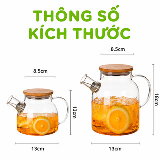 Bình Đựng Nước Thủy Tinh Nắp Gỗ Có Gioăng Cao Su GD153 - Ấm Thủy Tinh Pha Trà Có Màng Lọc Chịu Nhiệt
