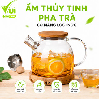 Bình Đựng Nước Thủy Tinh Nắp Gỗ Có Gioăng Cao Su GD153 - Ấm Thủy Tinh Pha Trà Có Màng Lọc Chịu Nhiệt