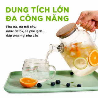 Bình Đựng Nước Thủy Tinh Nắp Gỗ Có Gioăng Cao Su GD153 - Ấm Thủy Tinh Pha Trà Có Màng Lọc Chịu Nhiệt