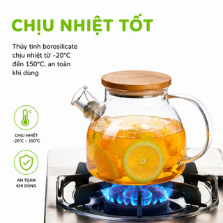 Bình Đựng Nước Thủy Tinh Nắp Gỗ Có Gioăng Cao Su GD153 - Ấm Thủy Tinh Pha Trà Có Màng Lọc Chịu Nhiệt