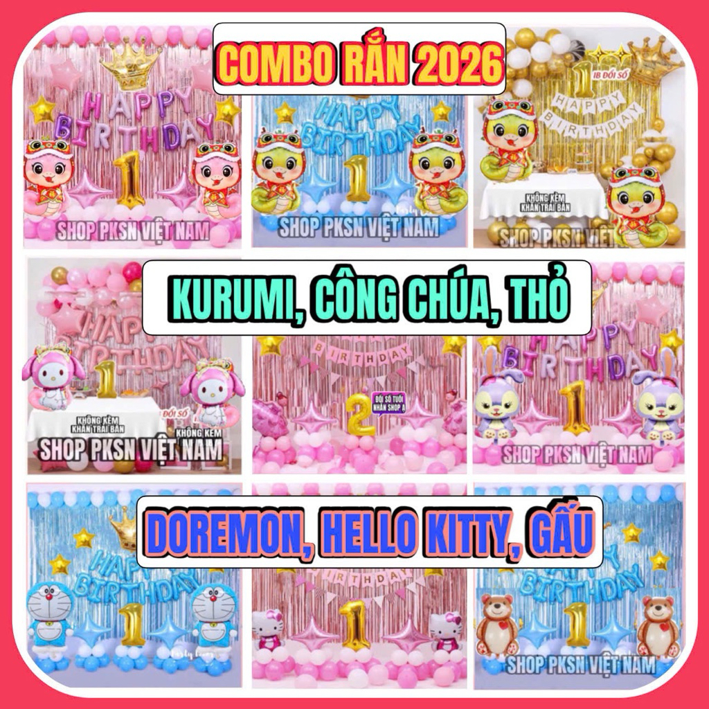 Sét Sinh Nhật Tuổi Rắn, Tuổi Rồng,Kurumi, Công chúa, Thỏ, Gấu Cho bé Trai và Gái ( tặng Bơm + Keo + Ruy băng)