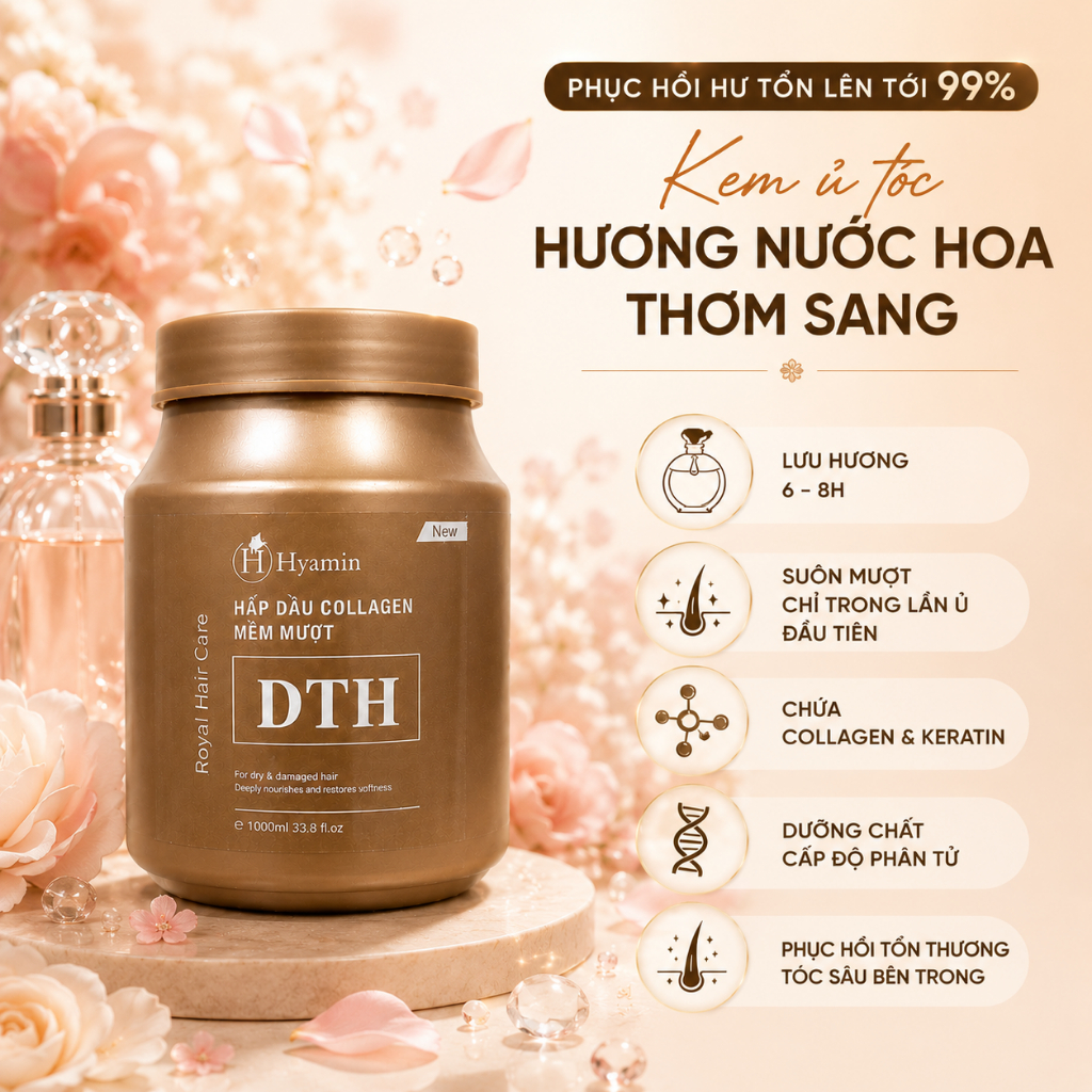 Hyamin Kem Ủ Tóc Hấp Dầu Collagen DTH 1000ml Phục Hồi Tóc Hư Tổn Khô Xơ Chẻ Ngọn Tóc Tẩy Nhuộm Uốn Duỗi Dưỡng Mềm Mượt S