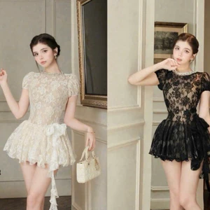 Váy ren nữ dáng ngắn tay bồng phối cổ đá chiết eo sang chảnh ,Đầm ren xoè cao cấp 2 lớp phối nơ eo phù hợp đi cưới tiệc