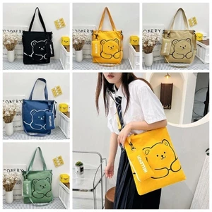 Túi vải Canvas đeo vai cỡ lớn hình Gấu dễ thương dành cho sinh viên (kèm túi đựng bút)