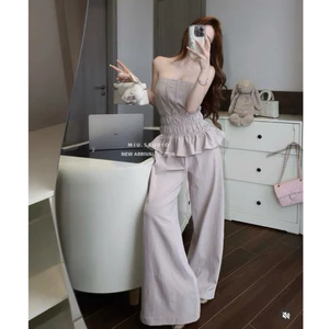Set Áo quây bo chun dập ly dáng peplum kèm quần suông ống rộng chất đũi gân mềm mịn mặc đi chơi đi dạo sang chảnh