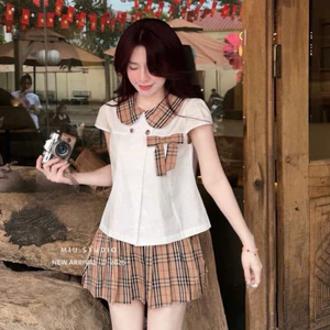 Set bộ nữ sinh học đường style Hàn Quốc, Set Áo sơmi cộc tay cổ sen đính nơ kèm chân váy xếp ly kẻ caro cao cấp