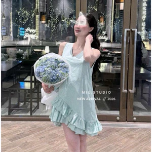 Áo váy kiểu nữ dáng suông sát nách cổ V phối chân bèo tầng, Váy babydoll from rộng nữ tính dễ thương mặc nhà đi chơi
