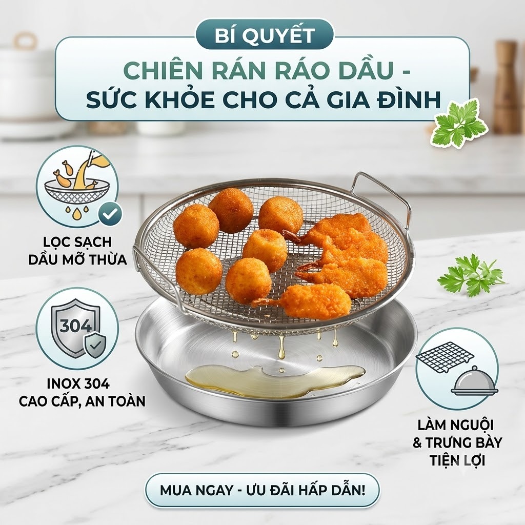 Bộ Khay Lọc Dầu Inox 304 22cm Kèm Vỉ Lọc Dầu Chiên Đa Năng Tặng Khăn Lau